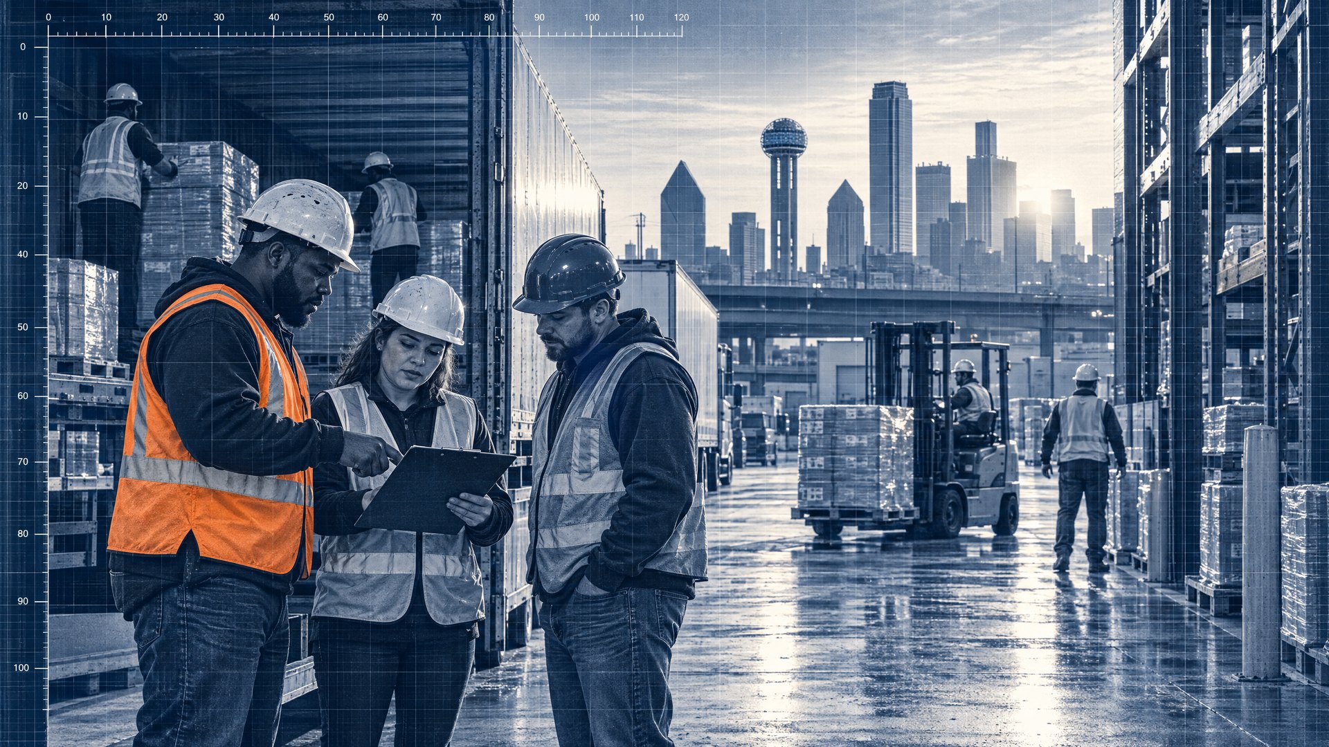 Vorksy coordinator and warehouse workers reviewing a shift plan on a loading dock